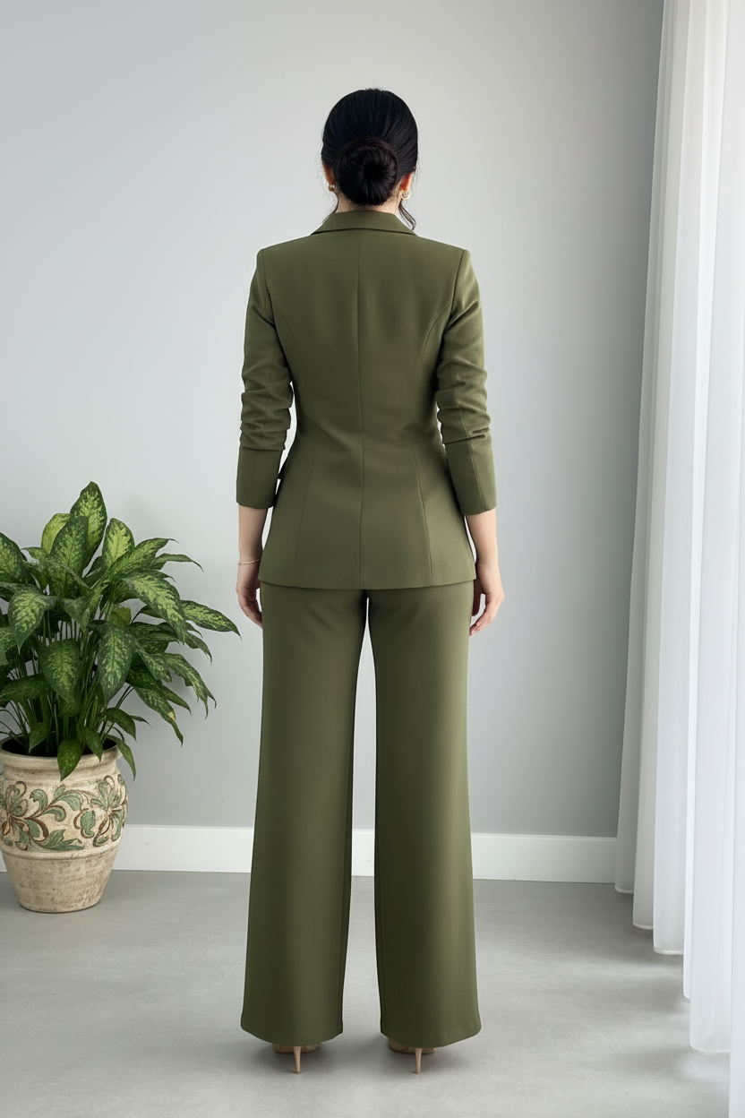 Conjunto Dos Piezas Verde Oliva — Blazer Doble Botonadura Dorada & Pantalón Palazzo cod.894