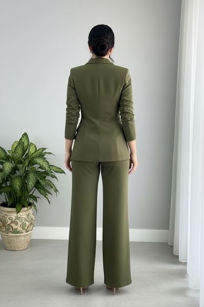 Conjunto Dos Piezas Verde Oliva — Blazer Doble Botonadura Dorada & Pantalón Palazzo cod.894