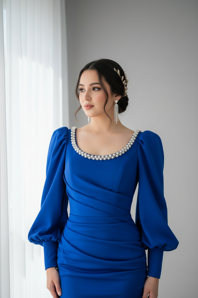 Vestido Azul Royal Manga Larga Cuello Perlas cod.0018