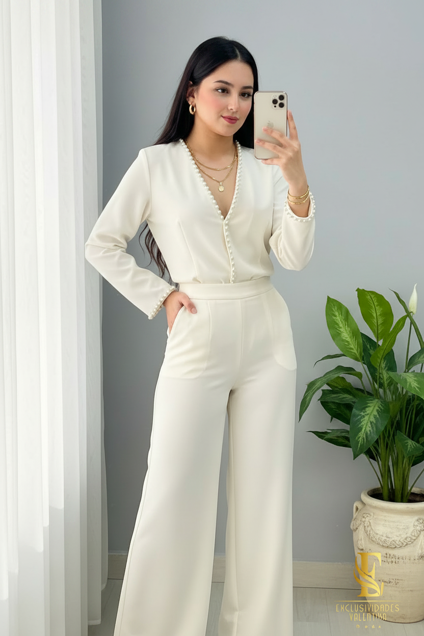 Conjunto Marfil — Top Cruzado con Perlas & Palazzo cod.0038