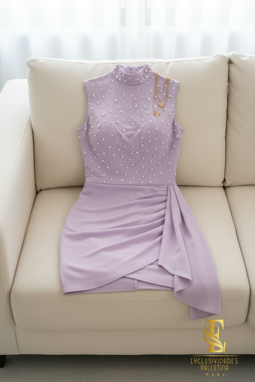 Vestido Lila Mini Perlas Drapeado cod.V746