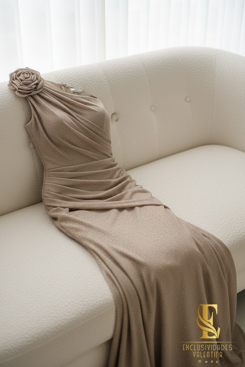 Vestido Sirena Taupe Dorado Un Hombro con Rosa Espiral cod.V254