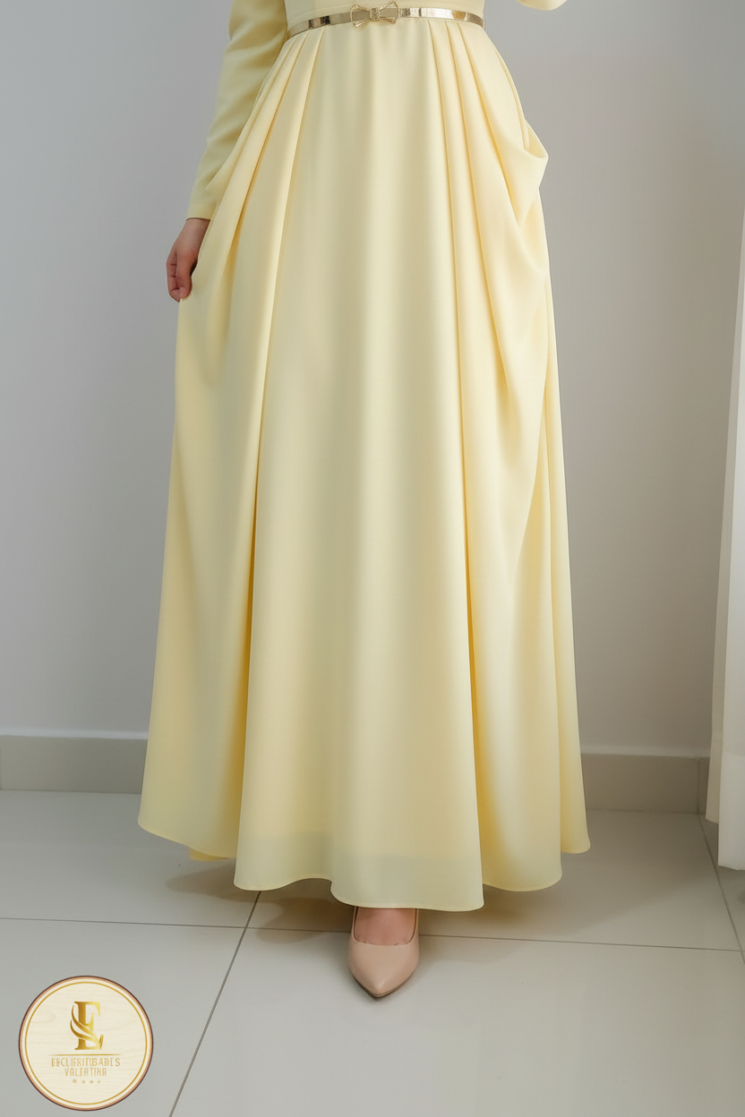 Vestido Amarillo Pastel Rosa 3D Cinturón Dorado cod.V388