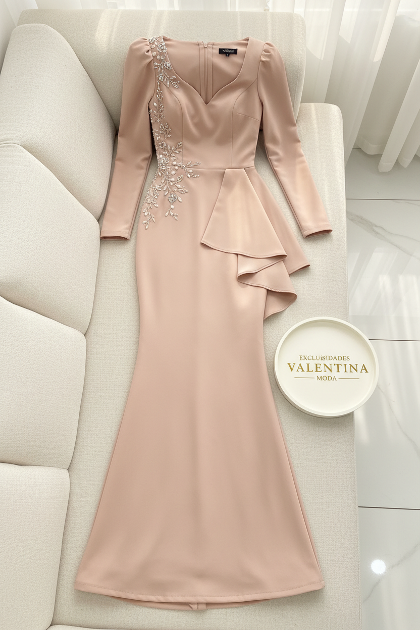 Vestido Nude Rosa Peplum Asimétrico con Bordado Floral cod.639
