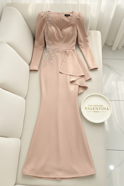 Vestido Nude Rosa Peplum Asimétrico con Bordado Floral cod.639