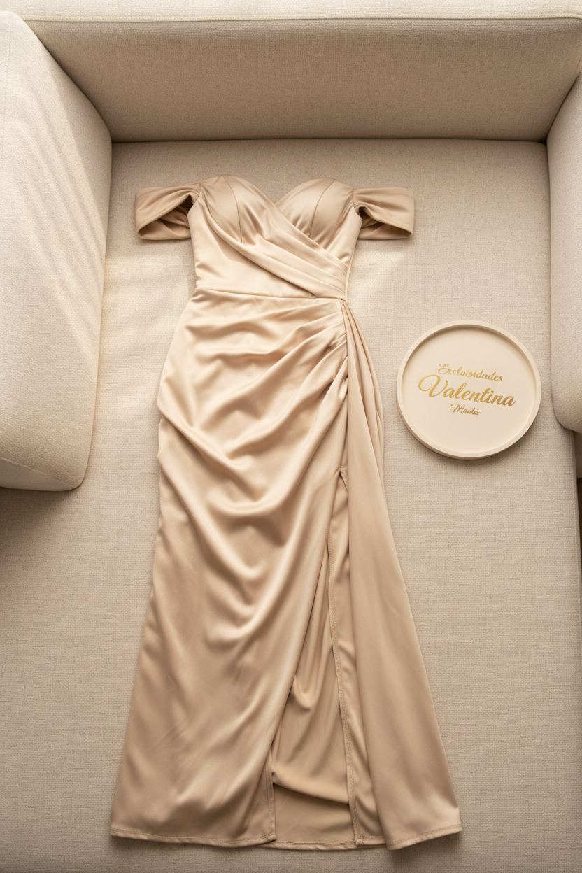 Vestido Champagne Dorado Off-Shoulder Drapeado con Abertura cod.644