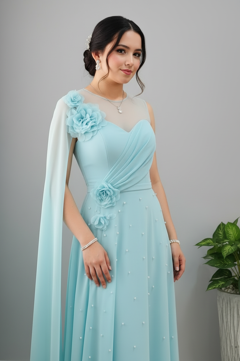 Vestido Azul Cielo — Rosas 3D & Capa cod.850