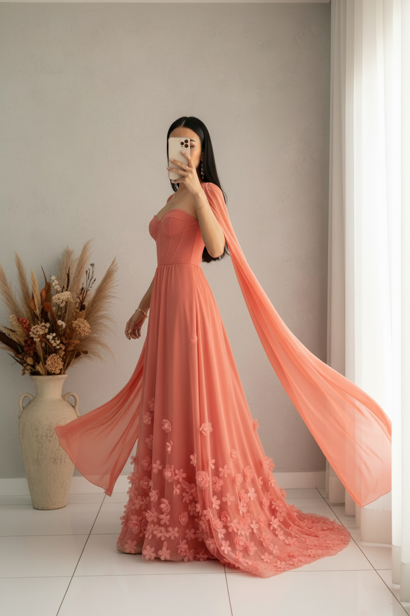 Vestido Coral Gala Corset Flores 3D Mangas Capa cod.V576