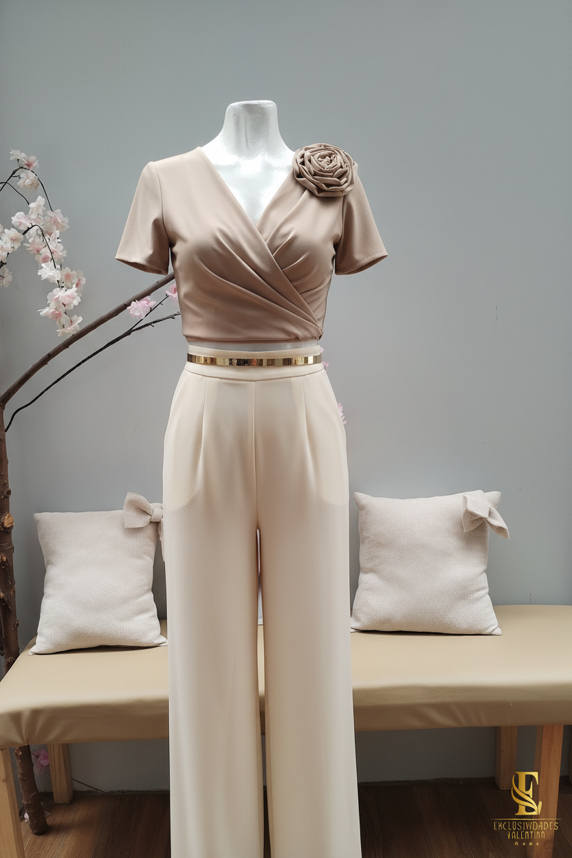 Conjunto Beige Blusa Rosa Palazzo Crema cod.V332