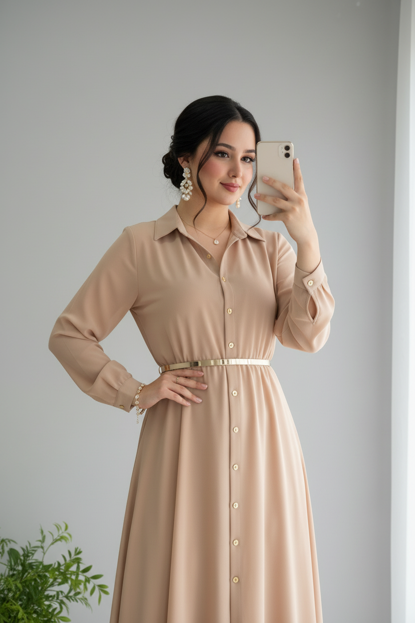 Vestido Beige Camel Manga Larga Cuello Camisero Botones Dorados Cinturon A-Line cod.831