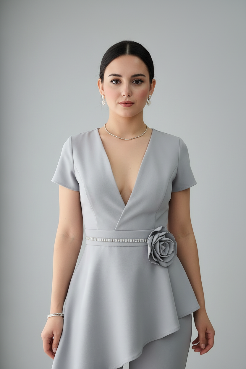 Conjunto Gris Plata Peplum Flor 2 Piezas cod.910