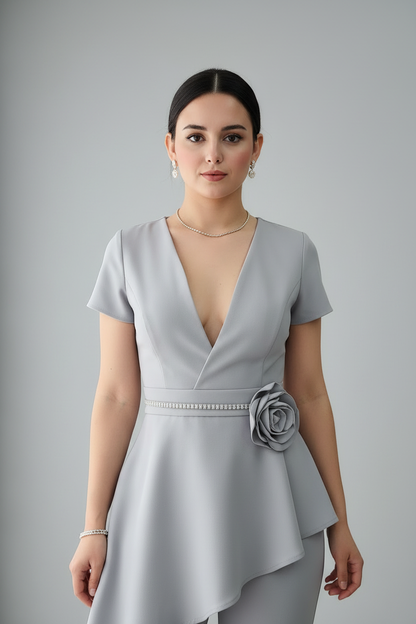 Conjunto Gris Plata Peplum Flor 2 Piezas cod.910