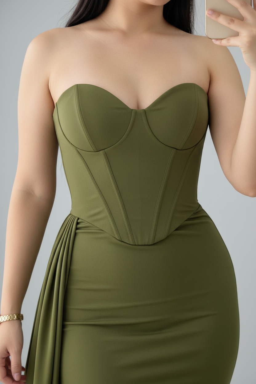 Vestido Verde Oliva Strapless Corset Estructurado Sirena con Cola Lateral cod.763