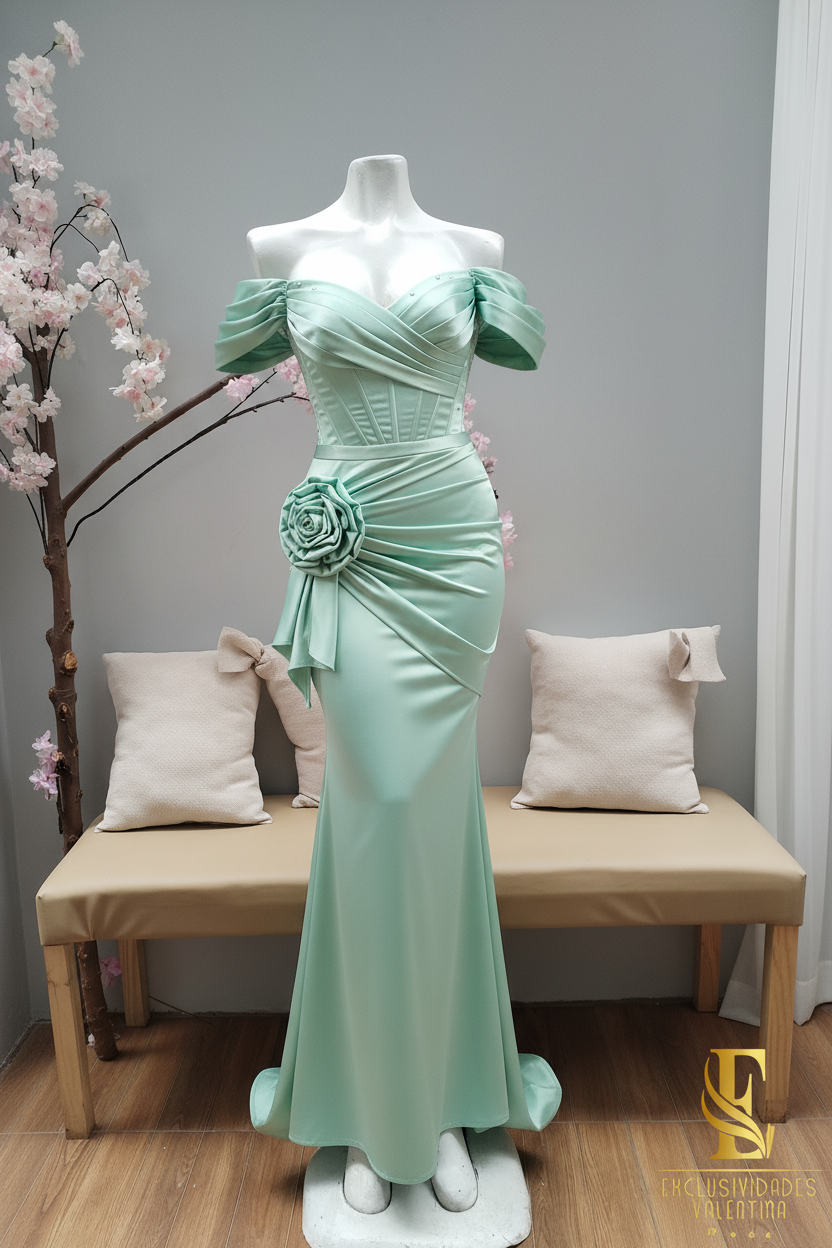 Vestido Verde Sage Satén Off-Shoulder Corset con Rosa 3D Sirena cod.V290