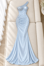 Vestido Celeste Satén Un Hombro Corsé con Perlas cod.V0051