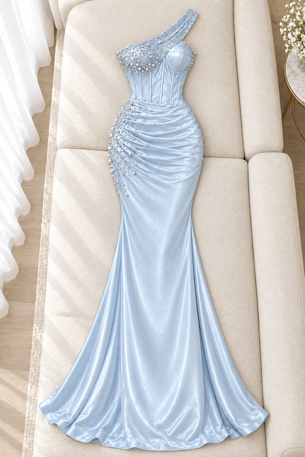 Vestido Celeste Satén Un Hombro Corsé con Perlas cod.V0051