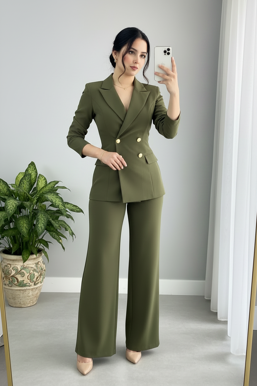 Conjunto Dos Piezas Verde Oliva — Blazer Doble Botonadura Dorada & Pantalón Palazzo cod.894