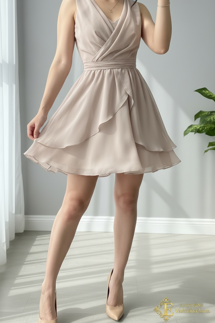 Vestido Beige Champagne Escote V Cruzado Falda Capas Chifón cod.932