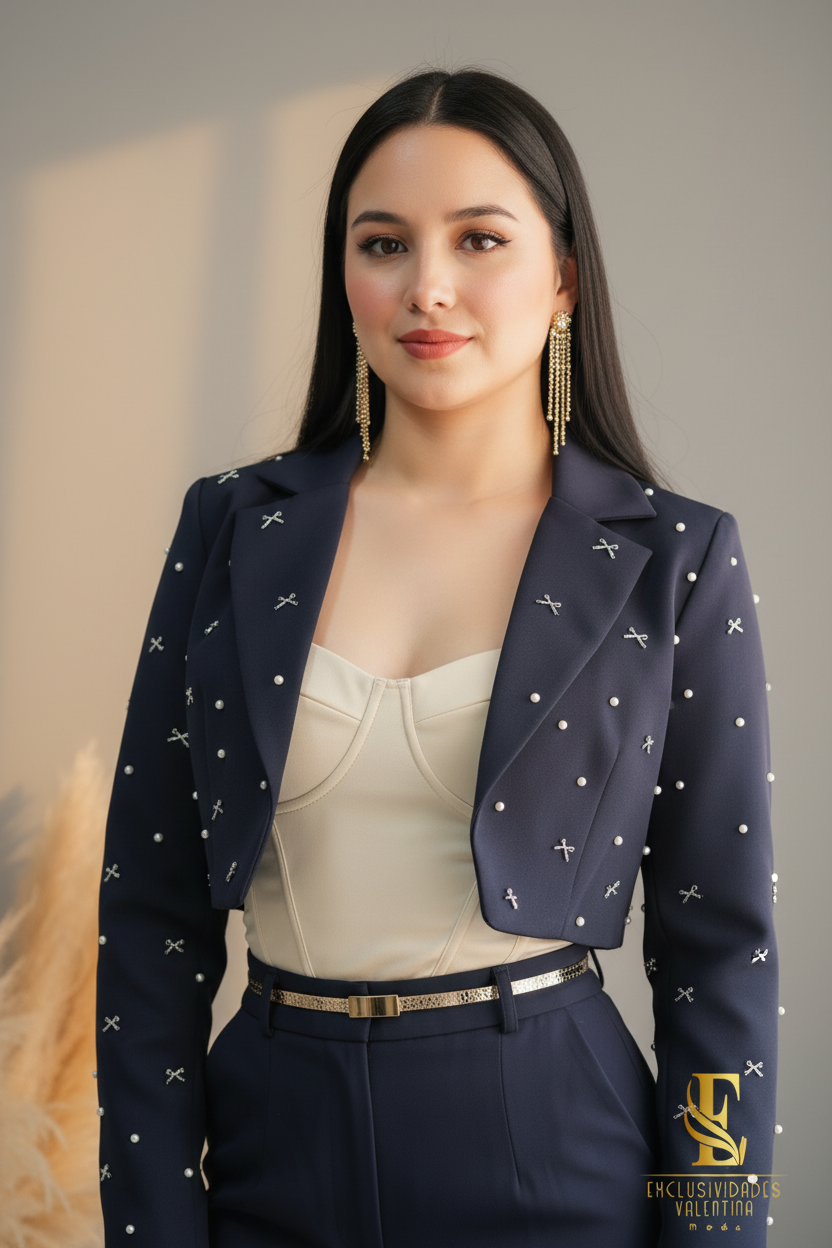 Conjunto Navy Pearl Blazer Cropped & Palazzo cod.C229