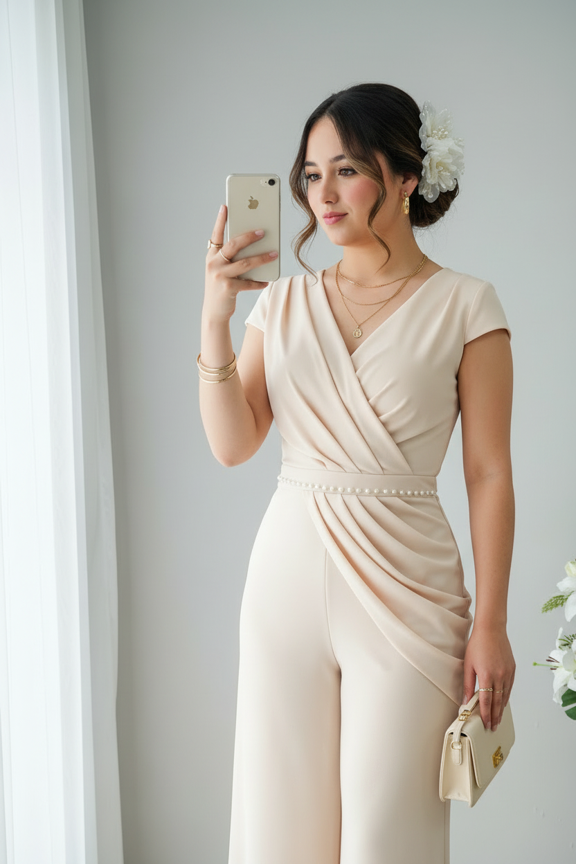 Enterizo Nude Drapeado con Perlas y Pierna Ancha cod.E546