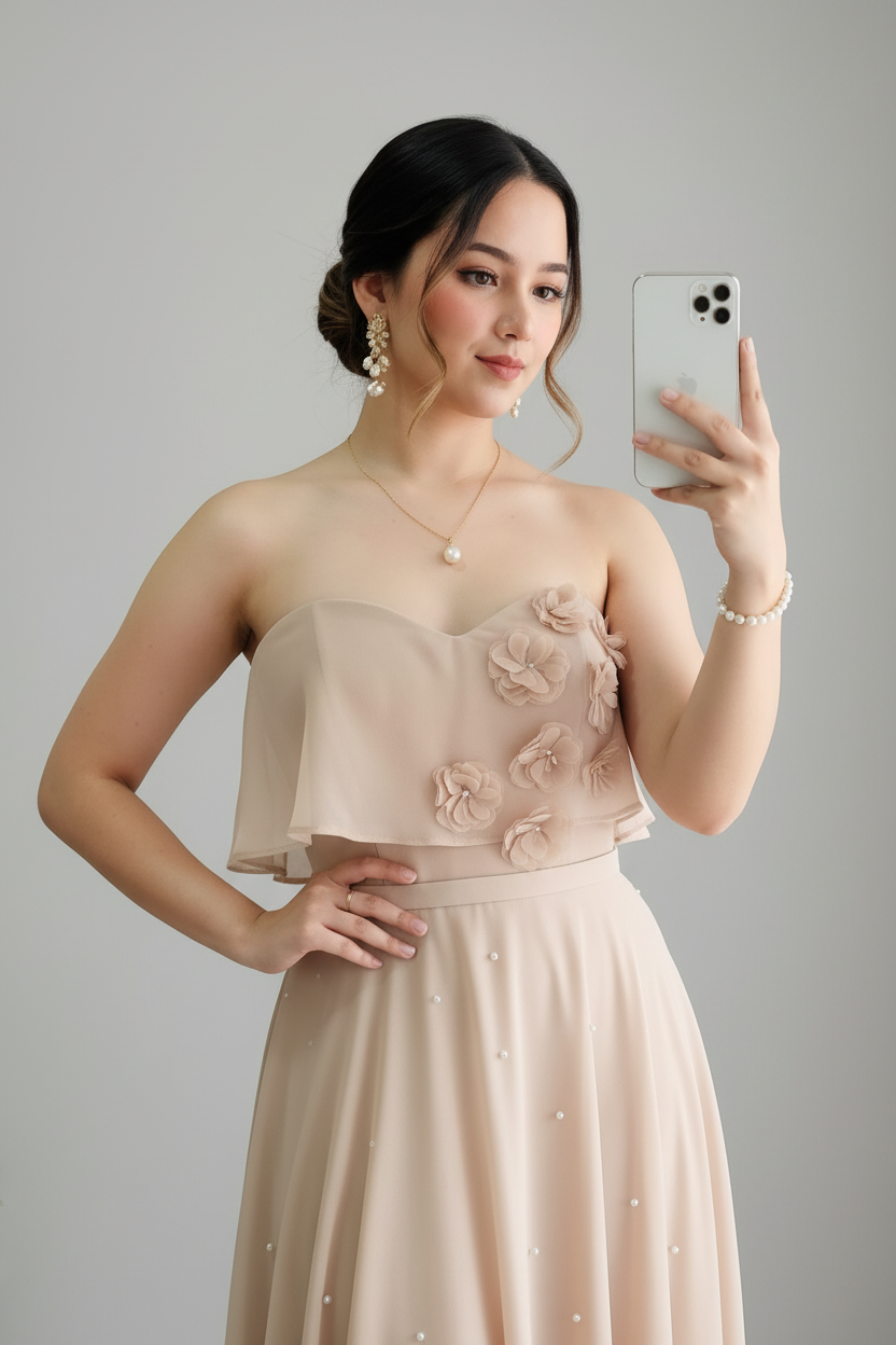Conjunto Beige Dorado — Top Floral & Falda Perlas cod.856