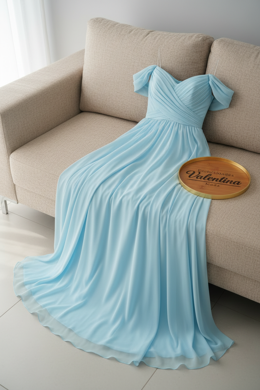 Vestido Azul Cielo Off-Shoulder Maxi Gasa cod.949