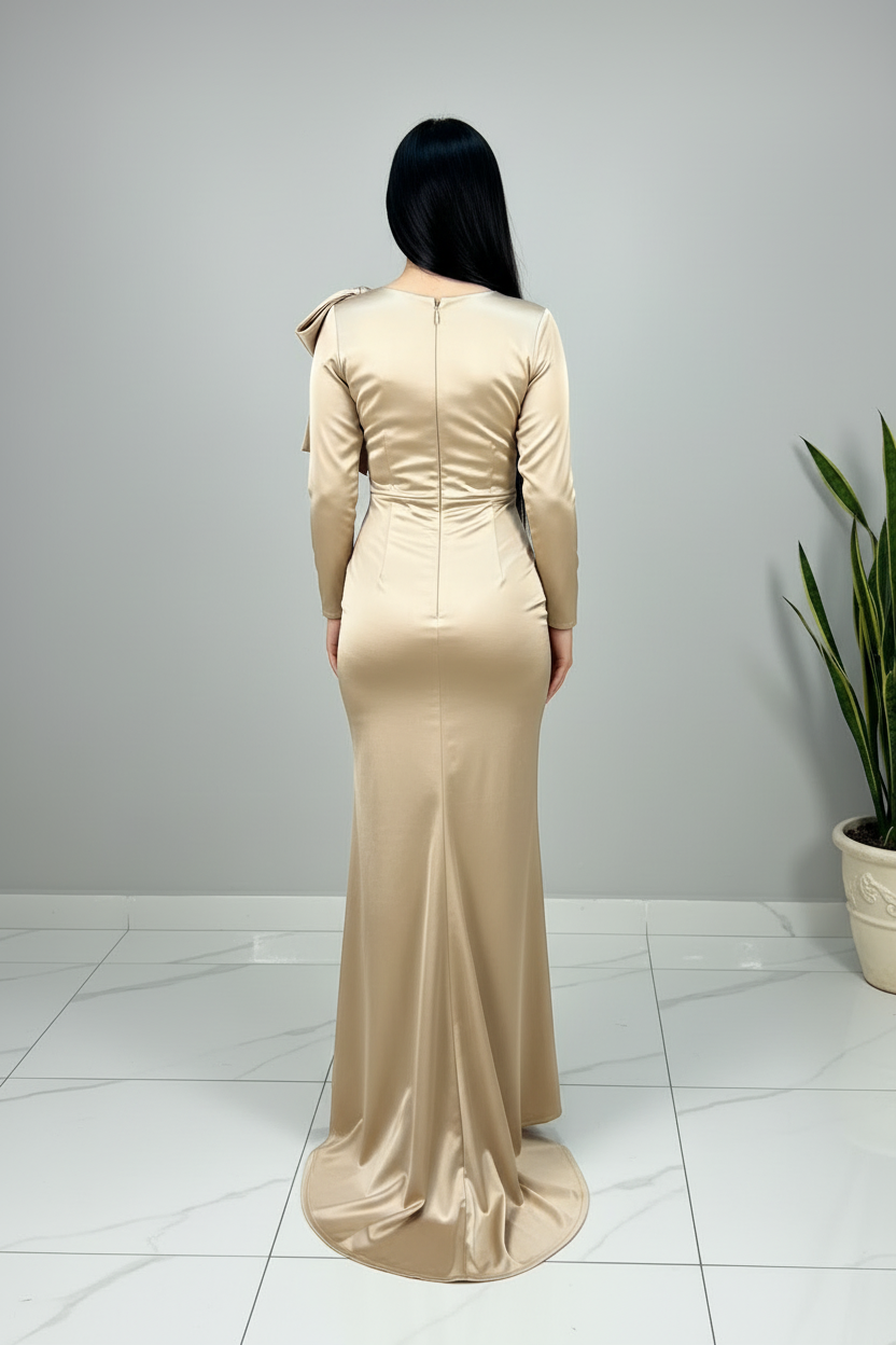 Vestido Dorado Champagne Satinado con Lazo en Hombro cod.645