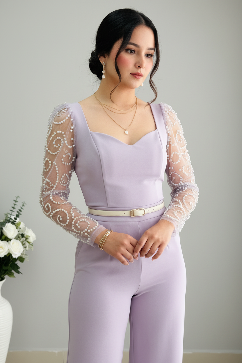 Enterizo Lavanda Mangas de Tul con Perlas cod.E545