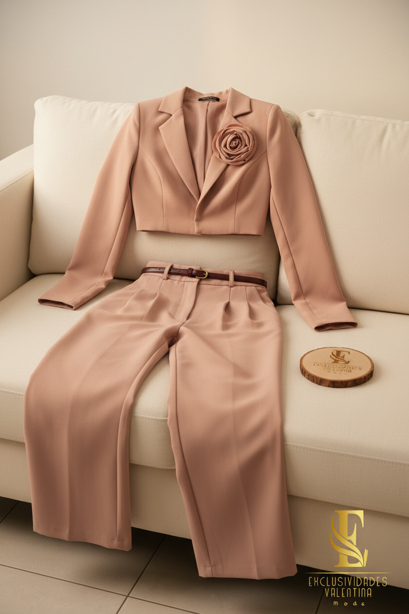 Conjunto Nude Rosado Blazer Crop Rosa 3D Pantalón Palazzo cod.00110
