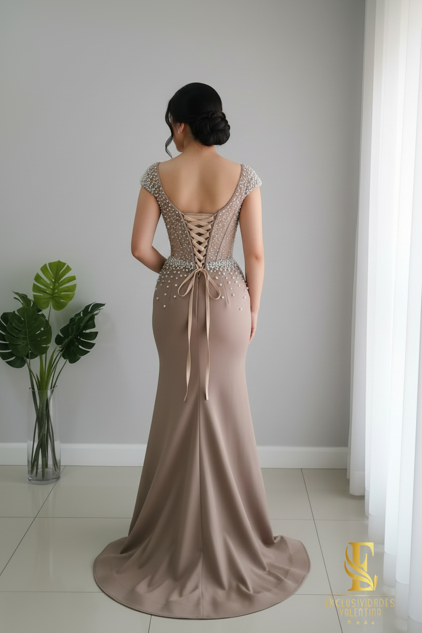 Vestido Sirena Champagne con Córset Transparente de Perlas cod.V247
