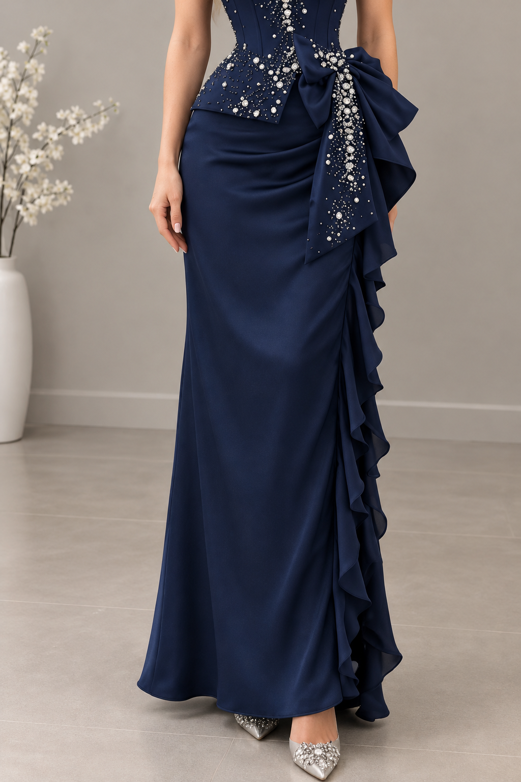 Vestido largo azul marino strapless con pedrería y lazo lateral cod. VC012