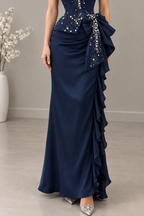 Vestido largo azul marino strapless con pedrería y lazo lateral cod. VC012
