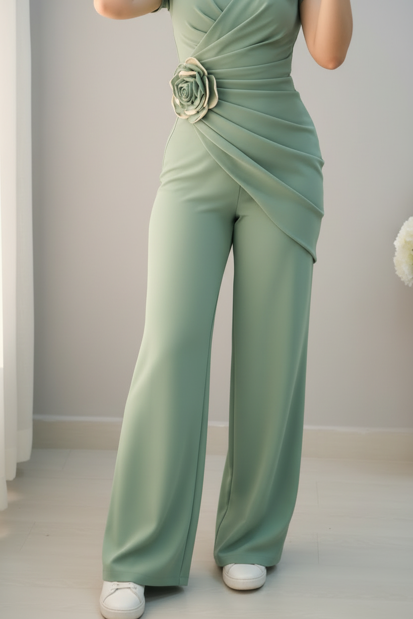 Enterizo Verde Salvia Manga Corta Dos Rosas 3D Drapeado Palazzo cod.E0066