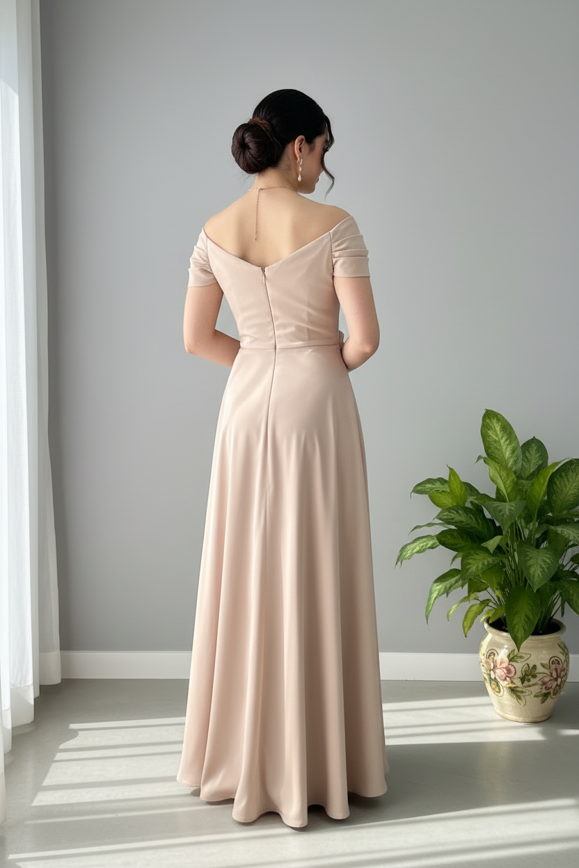 Vestido Champagne — Rosa 3D & Hombros Descubiertos cod.855