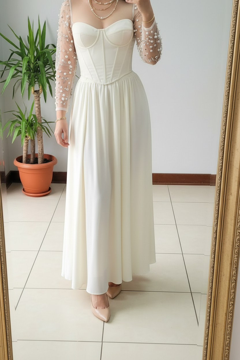 Vestido Formal Blanco Corset con Mangas de Tul y Perlas cod.499
