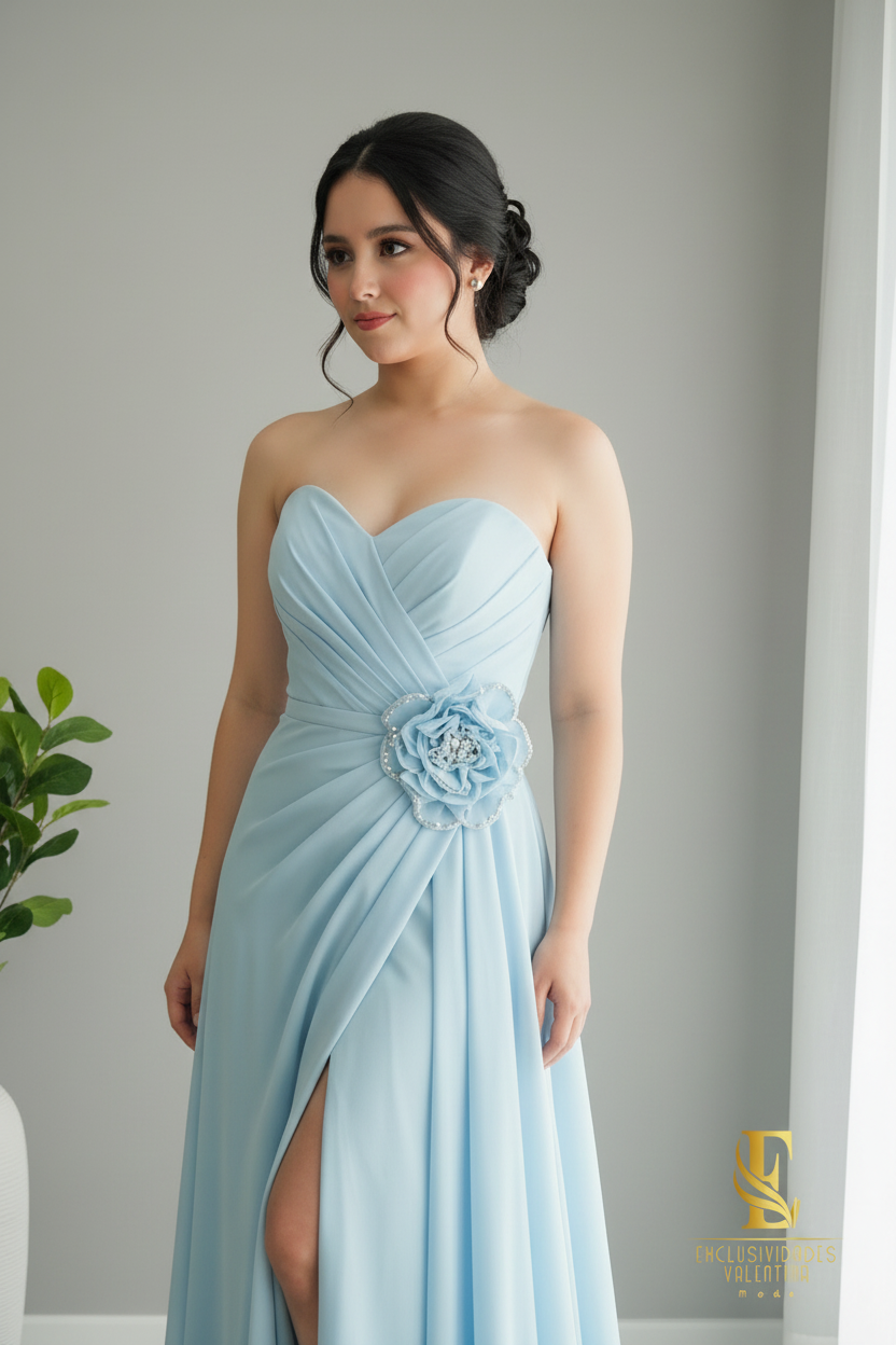 Vestido Azul Cielo Chiffon Strapless Rose  cod.V231