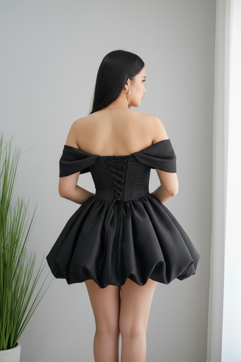 Vestido Negro Off-Shoulder Corsé con Falda Bubble cod.976