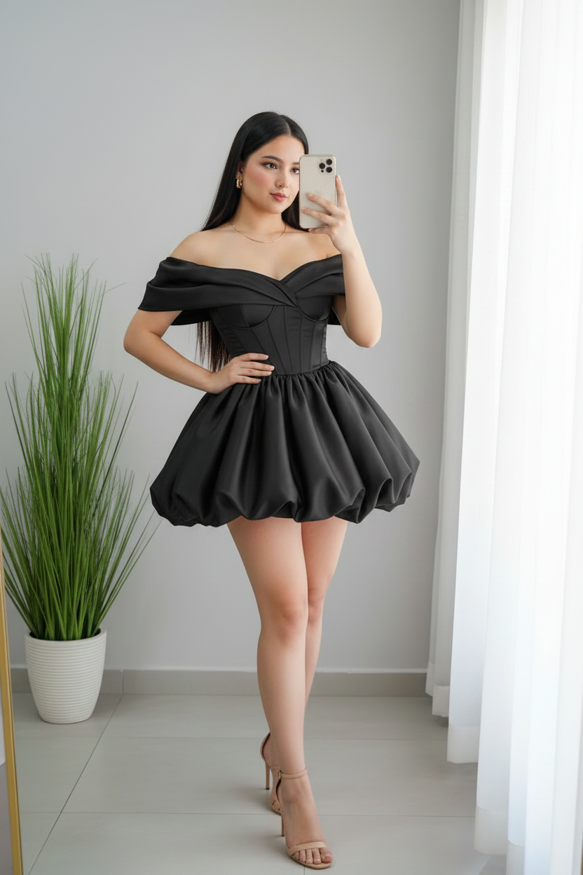Vestido Negro Off-Shoulder Corsé con Falda Bubble cod.976