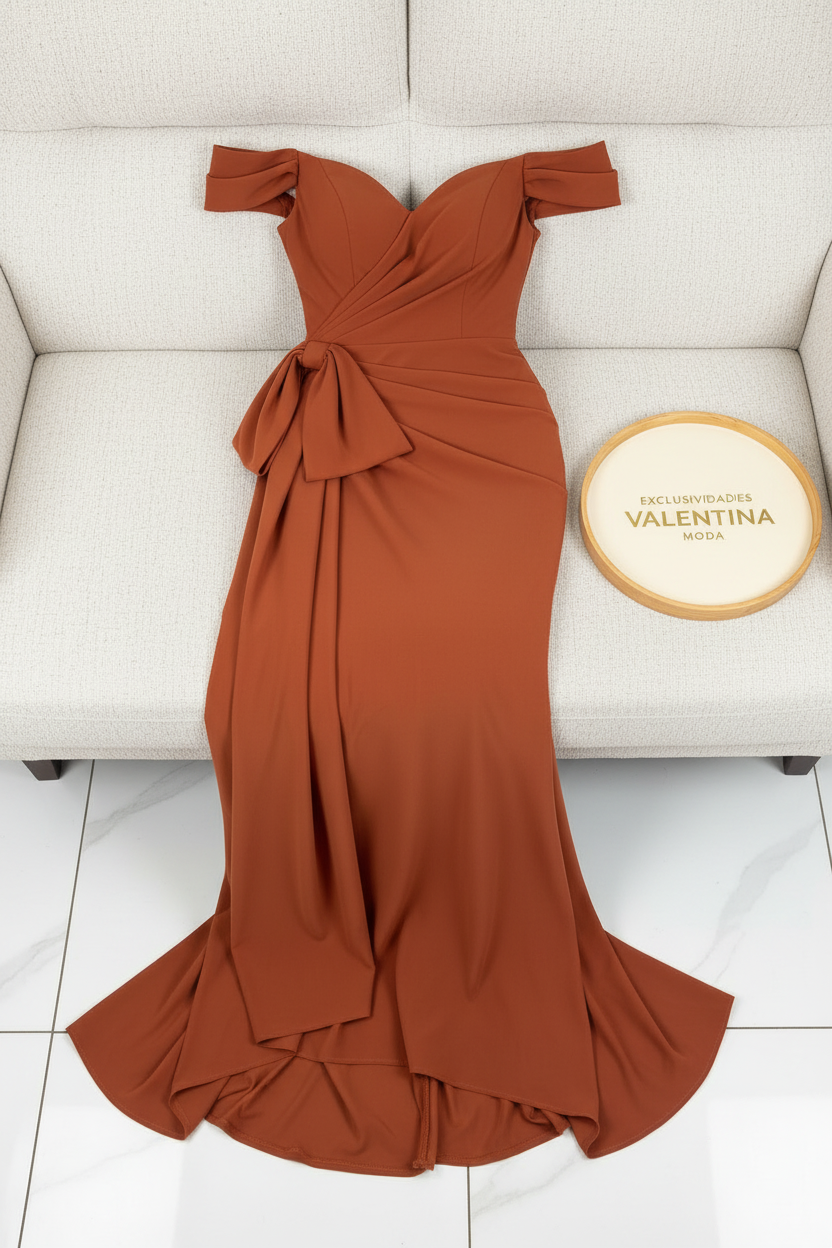 Vestido Sirena Terracota Off-Shoulder con Lazo cod.638