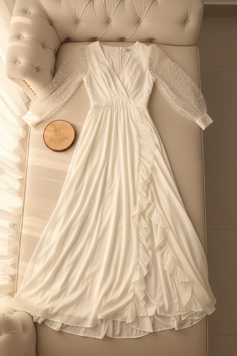 Vestido Blanco Crema Manga Tul Perlas Escote V Wrap Falda Asimetrica Volantes cod.834