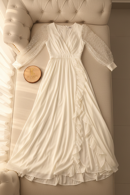 Vestido Blanco Crema Manga Tul Perlas Escote V Wrap Falda Asimetrica Volantes cod.834