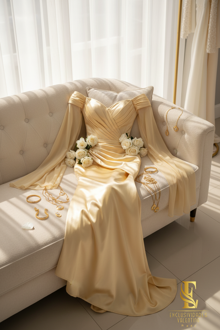 Vestido Dorado Off-Shoulder con Mangas Campana Largas cod.V673