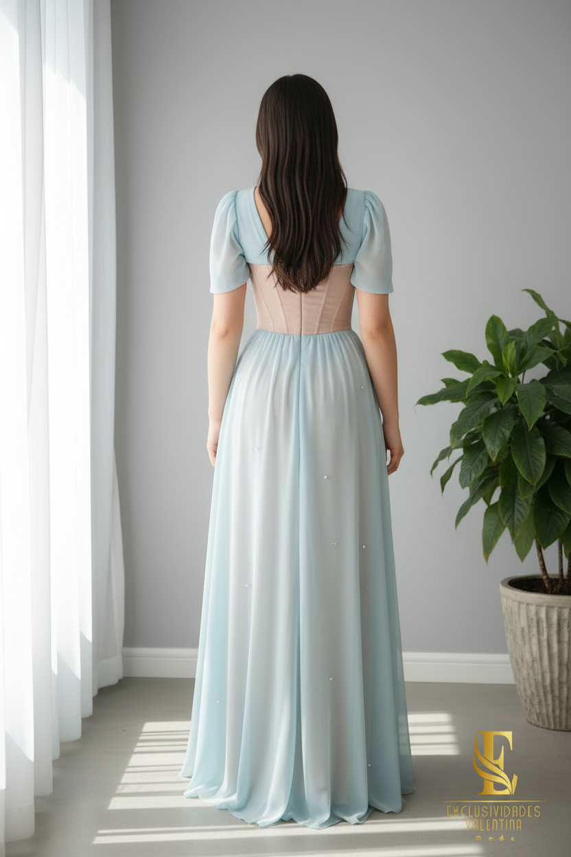 Vestido Celeste Chiffon con Corsé y Mangas Puff cod.V663