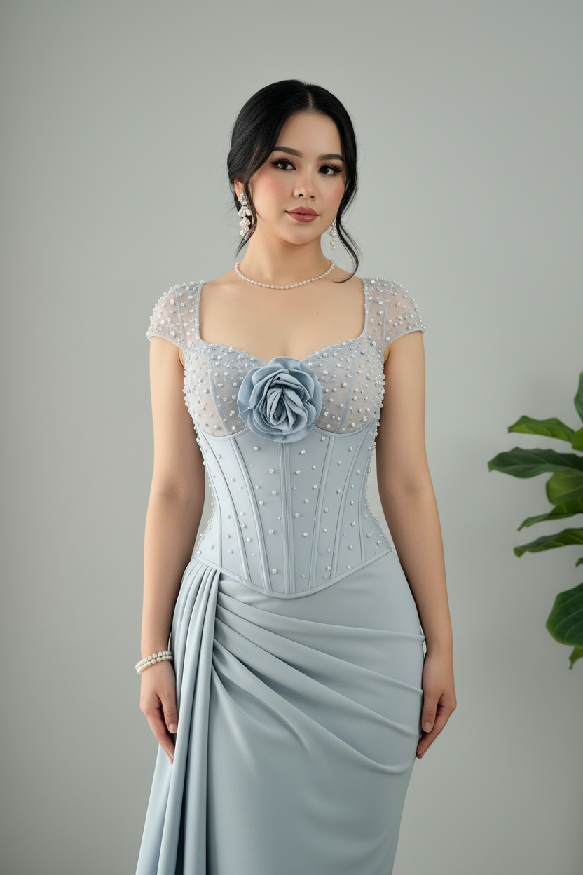 Vestido Azul Cielo Corset con Perlas Rosa 3D y Cola Lateral cod.810