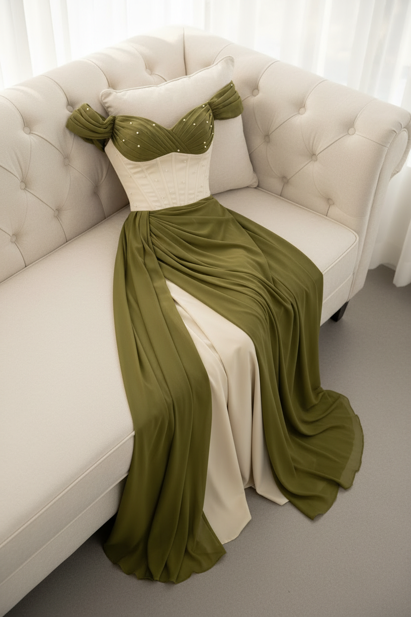 Vestido Verde Olivo y Crema Off-Shoulder Corset con Perlas y Abertura cod.V660