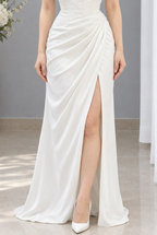 Vestido largo blanco strapless drapeado con abertura y espalda corsé cod. VC030