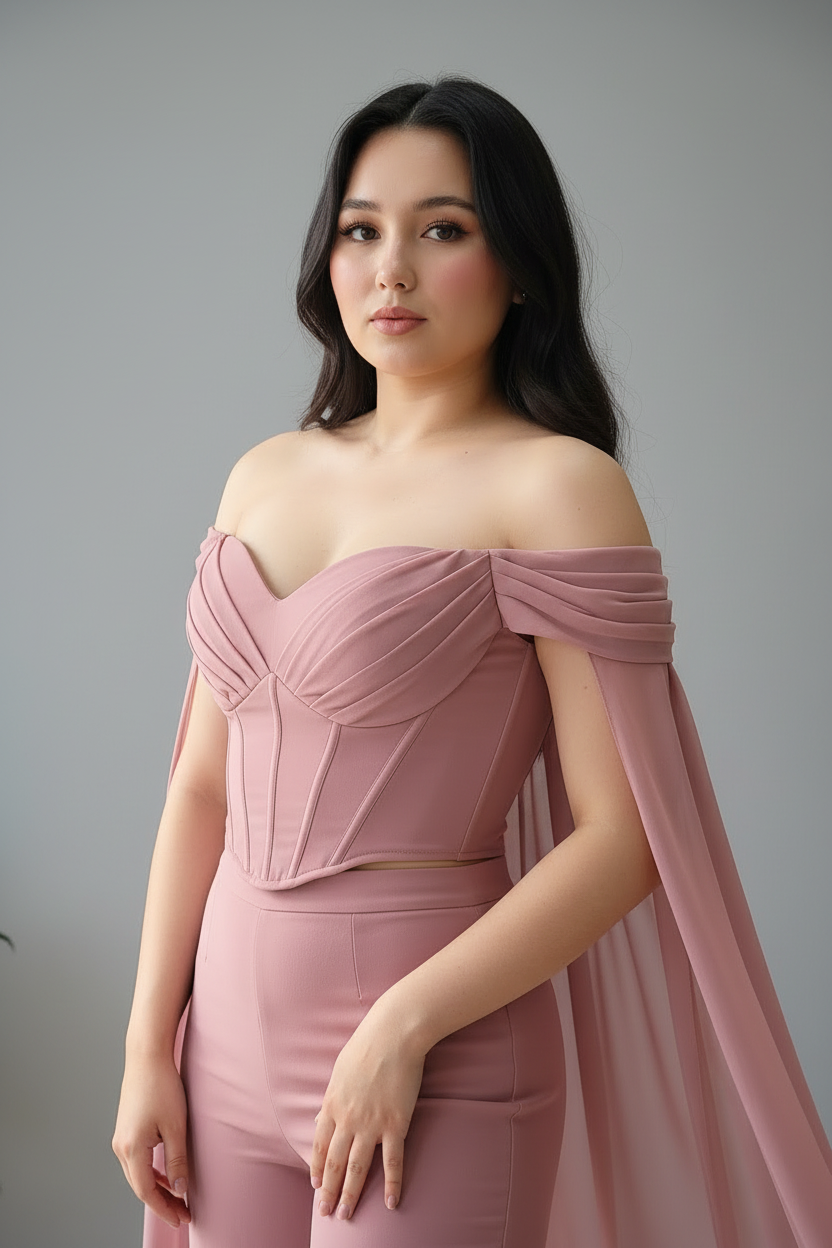 Conjunto Rose Cape Palazzo – Corset Off-Shoulder + Pantalón Palazzo + Capa cod.680