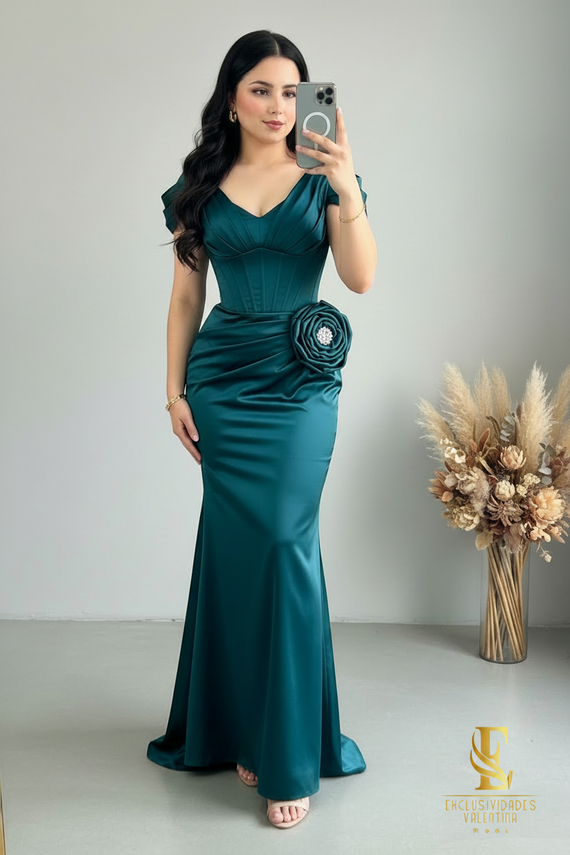 Vestido Largo Verde Azulado - Corset con Rosa 3D y Espalda con Tira cod.V843
