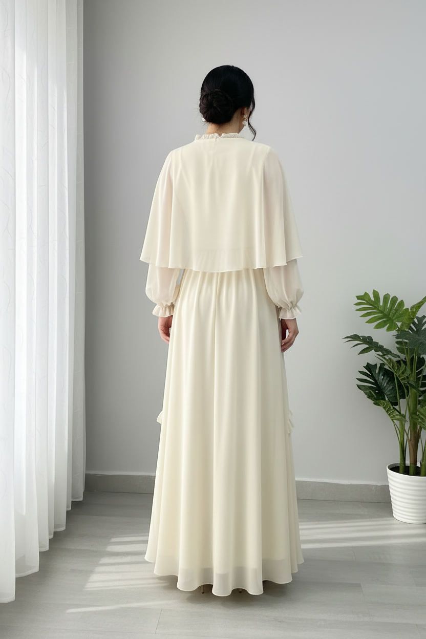 Vestido Crema Marfil Bohemio Escote V Ruffle Capa Gasa Manga Abullonada Falda A-line Volante cod.845