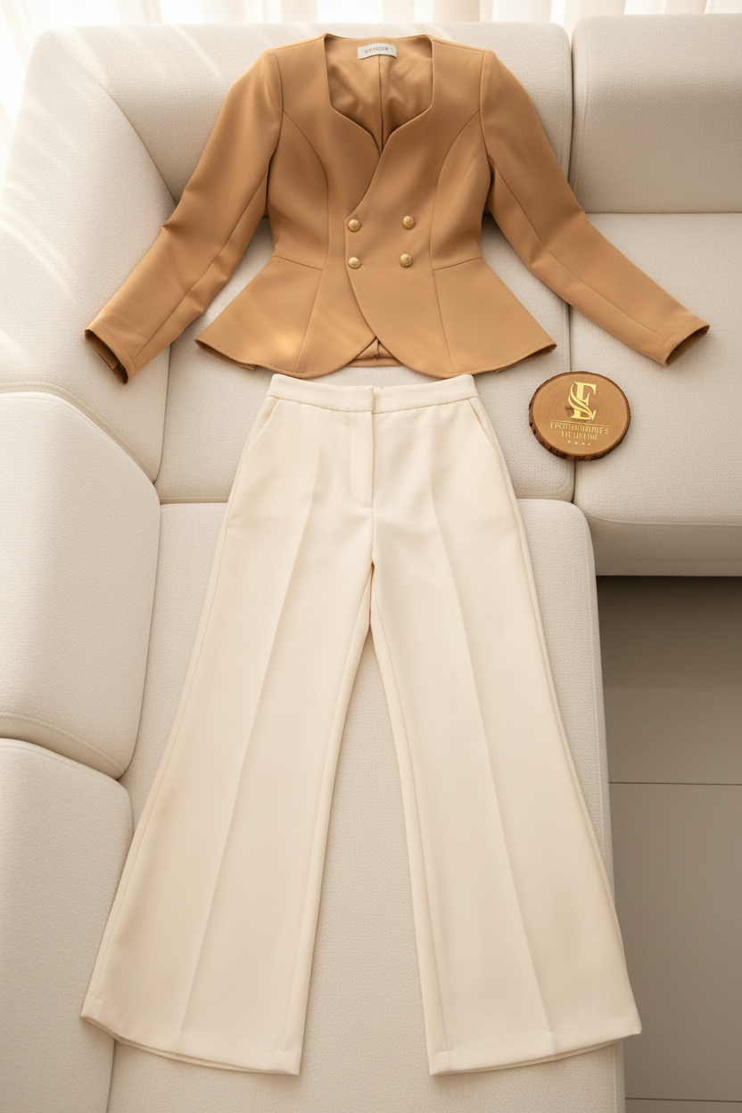 Conjunto Dos Piezas Camel — Blazer Peplum & Pantalón Palazzo cod.874